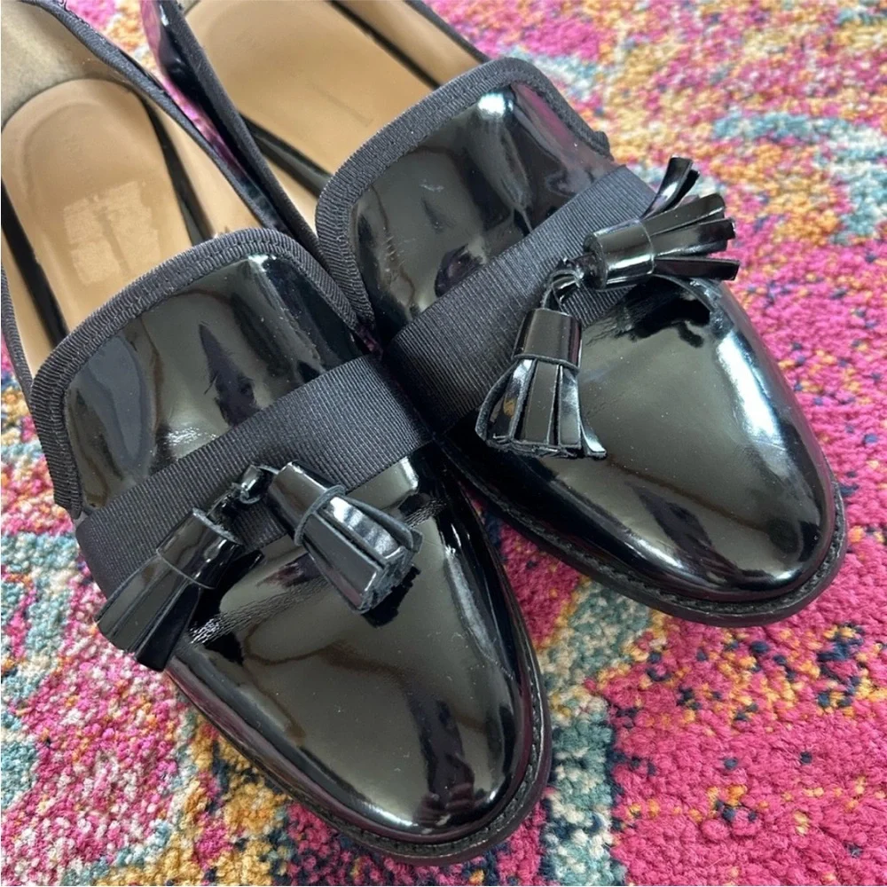 Zara | Women’s Elegant Black Patent Tassel Loafers Low Heel, Euro Size 38 US 7.5